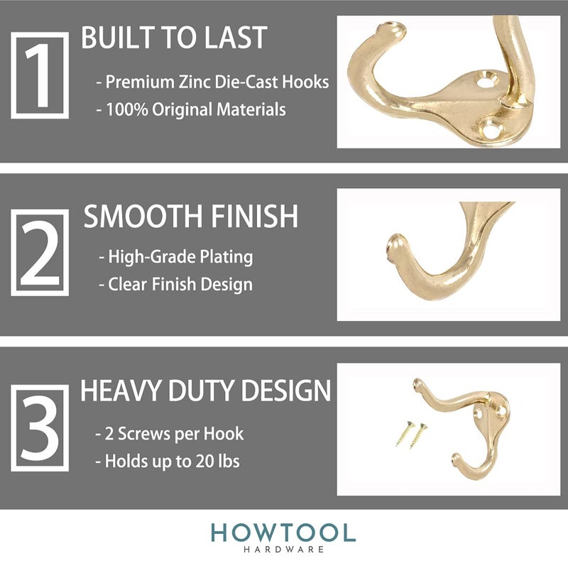 HOWTOOL Coat Hooks for Wall Hanging Heavy Duty Wall Mounted Brass Plated, 5 Pack - Image 2
